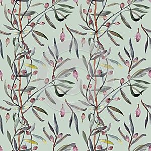 seamless pattern watercolor. Twig ,leaves , berries and drupes