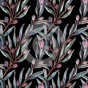 seamless pattern watercolor. Twig ,leaves , berries and drupes