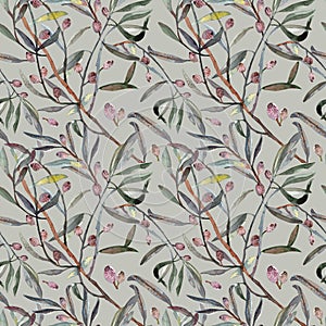 seamless pattern watercolor. Twig ,leaves , berries and drupes photo