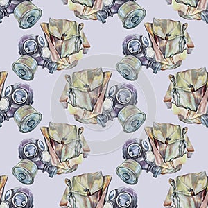 Seamless pattern watercolor vintage gas mask with bag on grey background. Military filter respirator for stalker, post