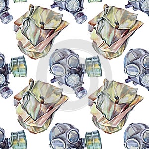 Seamless pattern watercolor vintage gas mask with bag on white background. Military filter respirator for stalker, post
