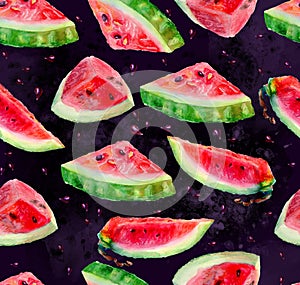 Seamless pattern of watercolor watermelon