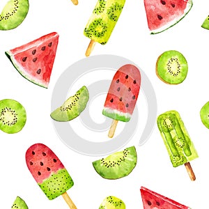 Seamless pattern with watercolor watermelon and kiwi fruit popsicle isolated on white background. Can be used for textile,