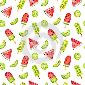 Seamless pattern with watercolor watermelon and kiwi fruit popsicle isolated on white background. Can be used for textile,