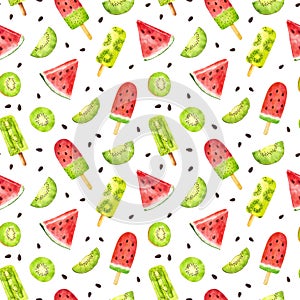 Seamless pattern with watercolor watermelon and kiwi fruit popsicle isolated on white background. Can be used for textile,