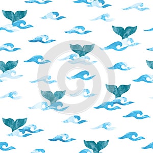 Seamless pattern with watercolor whale tails and sea waves