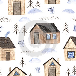 Seamless pattern with watercolor winter houses