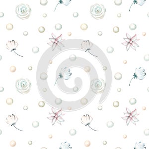 Seamless pattern of watercolor winter white flowers and pearl beads