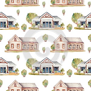 Seamless pattern of watercolor wooden houses with green bushes