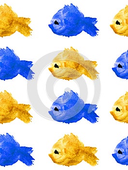 Seamless pattern of watercolor yellow and blue silhouettes of fishes with black eye on white background isolated in the form of a