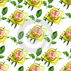 Seamless pattern with watercolor yellow roses on a white background