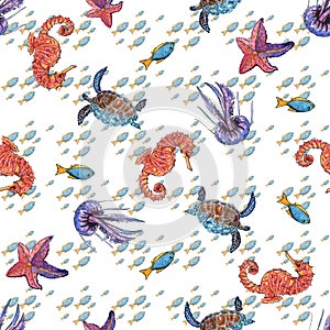 A seamless pattern of watercolour drawings of Seahorse  jellyfish  fish  turtle