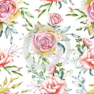 Seamless pattern watercolour flowers with leaves