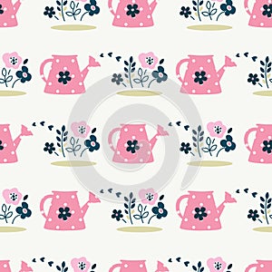 Seamless pattern with watering can and flowers