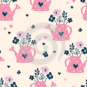 Seamless pattern with watering can and flowers