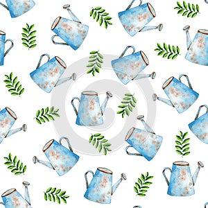 Seamless pattern with watering can and green leaves on white background. Hand drawn watercolor illustration. For textile,