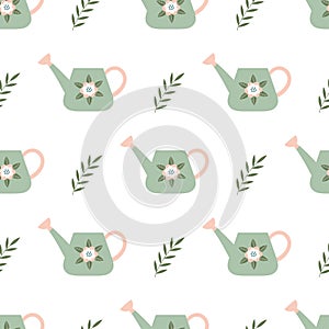 Seamless pattern with watering can on white background