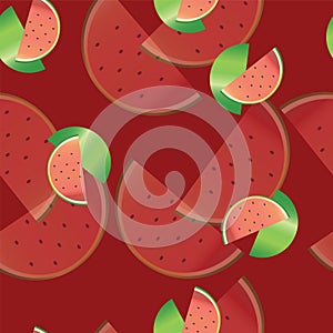 Seamless pattern with watermelon slices vector - dark red background