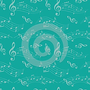 Seamless pattern with wavy music notes - vector aquamarine background