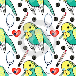 Seamless pattern wavy parrot is sick with a thermometer. Vector illustration