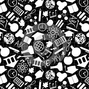 Seamless pattern Welcome back to school on the black background. Learning concepts.