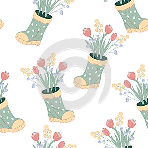 Seamless pattern with welly boots and flowers, hand drawn vector isolated.