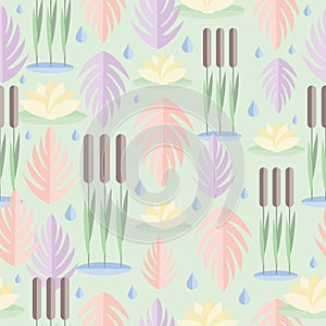 Seamless pattern with wetland plants. Reed, water lily and leaves in flat design.