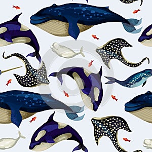 Seamless pattern with whale, devilfish, orca and octopus. Vector.