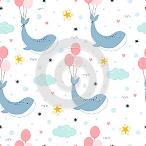 Seamless pattern, the whale is floating in the sky with balloons tied to the tail and stars to the heart.