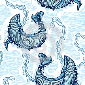 Seamless pattern with whale, marine plants and seaweeds.