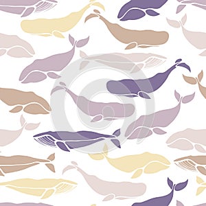 Seamless pattern with whales. Bowhead whales, the sperm whale, the blue whale. Silhouettes of sea mammals.