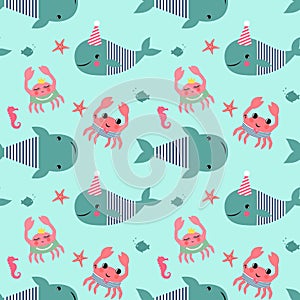 Seamless pattern with whales, crabs, seahorses on mint green background.