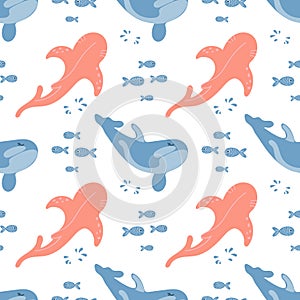 Seamless pattern with whales and fishes on a white background. Background with sea animals. Children's print, vector