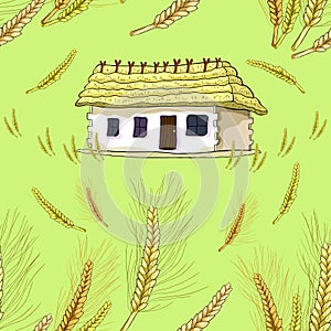 Seamless pattern wheat germ on the background of a house with th