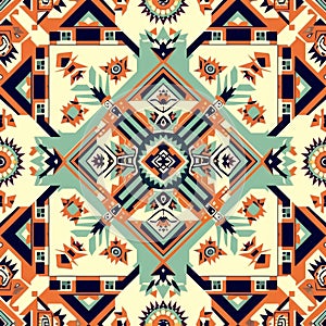 A seamless pattern where Mesoamerican diamond shapes interlock with vibrant colors, offering a contemporary vision of