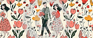 seamless pattern with whimsical illustrations of couples holding hands and exchanging flowers for Valentine& x27;s Day