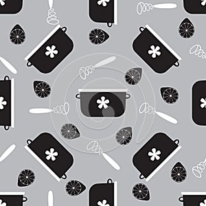 Seamless pattern with whisks and cookers