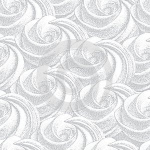 seamless pattern with white airy french cookies meringues twirls, marshmallow, zefir. Vector in graphic vintage retro