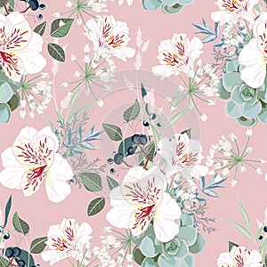 Seamless pattern with white alstroemeria flowers, leaves and berries. Hand drawn vintage background.