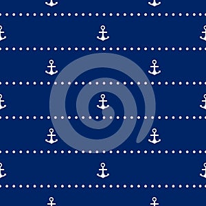 Seamless pattern with the white anchor and circles on the blue b