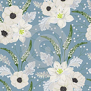 Seamless pattern with white anemone flowers, eucharis lily, dusty miller, snapdragons and gypsophila.