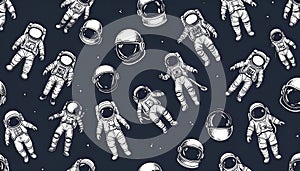 Seamless pattern of white astronauts and helmets on a dark blue