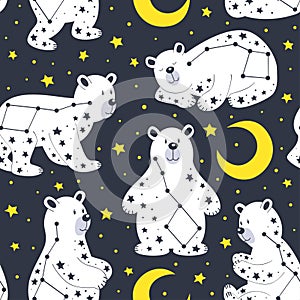 Seamless pattern with white bear and constellation Ursa Major