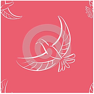 Seamless pattern white bird dove is flying on calypso coral background