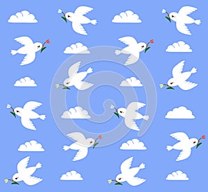 Seamless pattern with white birds and flowers. Background with doves flying in blue sky