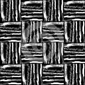 Seamless pattern white black lines squares brush strokes design abstract simple scandinavian style background grunge texture.