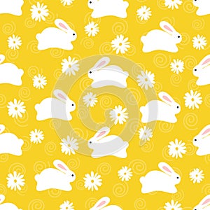 Seamless pattern of white bunnies on orange background with floral elements