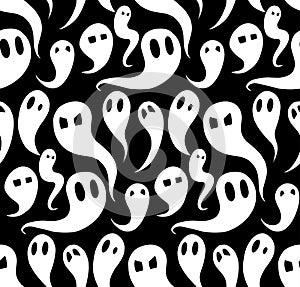 Seamless pattern with white cartoon ghosts with emotions. Spirits in different forms on black background. Halloween wallpaper