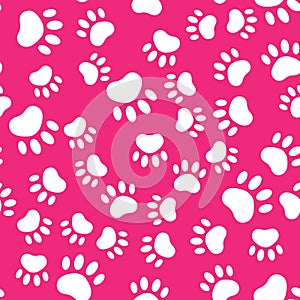 Seamless pattern with white cat paws on pink background