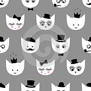 Seamless pattern with white cats with fashion glasses, mustache, bow-tie, hat, tobacco pipe, eyes, lashes, lips, crown on grey bac